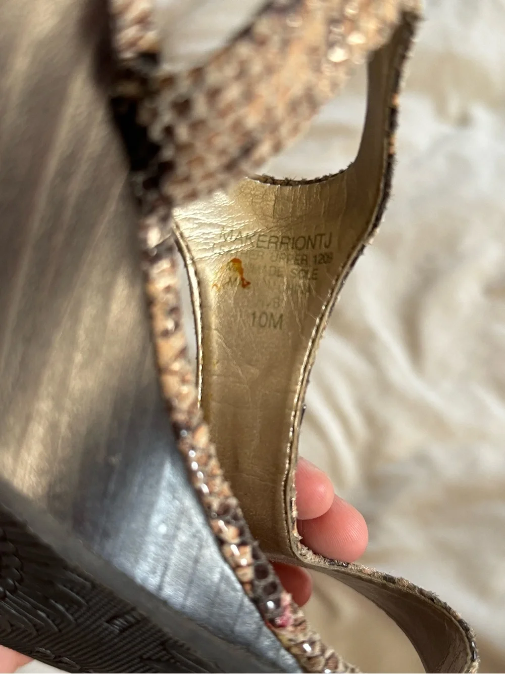 Anne Klein Snake-Print T-Strap Heels with Gem Accents - Brown